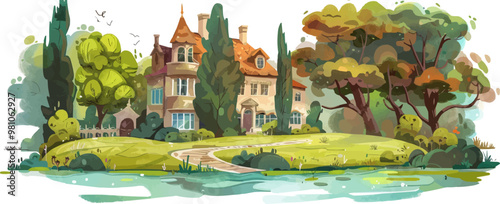 Old English manor house surrounded by lush gardens and a tranquil pond, flat, vector illustration in watercolor style.