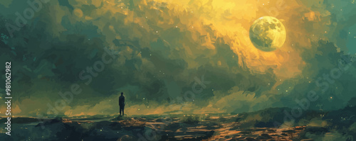 A man stands alone on a desolate landscape, looking up at a large moon in the sky. The scene is filled with a sense of loneliness and isolation, as the man is the only person in the vast, empty space