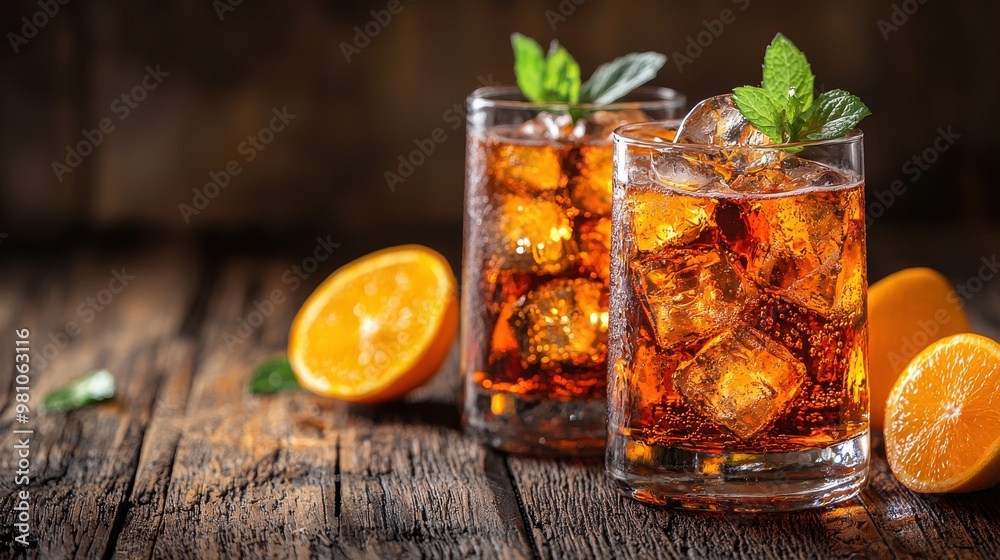 Refreshing drinks with ice and mint leaves served on a rustic wooden table with vibrant orange slices nearby Refreshing drinks with ice and mint leaves served on a rustic wooden table with vibrant orange slices nearby