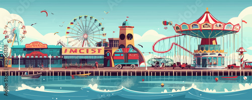 Nostalgic seaside boardwalk with vintage amusement rides and games, flat, vector illustration, Vintage hand drawn.