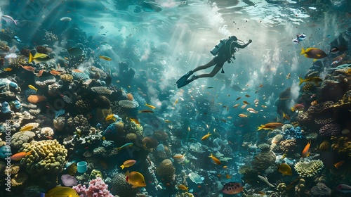 Wallpaper Mural Illustration of A stunning underwater scene, a diver exploring a coral reef, collecting ocean plastic, symbolizing the freedom to protect the environment and live a zero waste lifestyle Torontodigital.ca