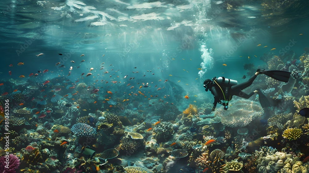 Fototapeta premium Illustration of A stunning underwater scene, a diver exploring a coral reef, collecting ocean plastic, symbolizing the freedom to protect the environment and live a zero waste lifestyle