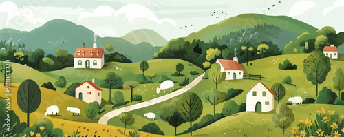 Peaceful village in the hills with cottages, winding paths, and grazing sheep, flat, vector illustration in watercolor style.