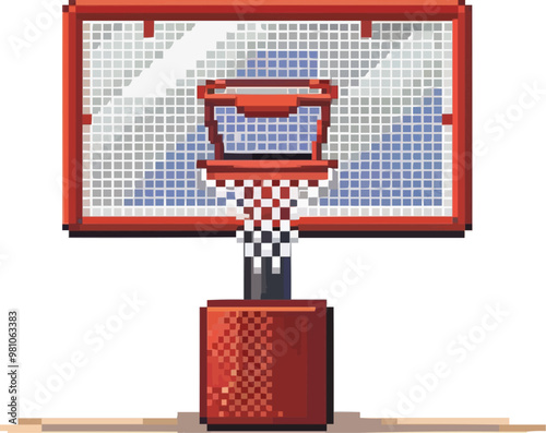 Pixelated basketball hoop icon pixel art on white isolated background, vector design.