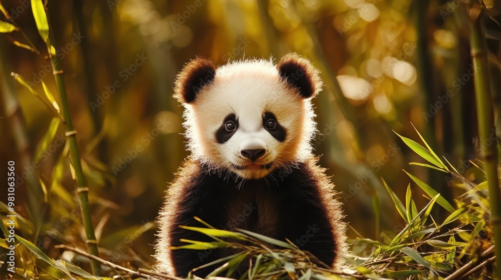 Adorable panda cub in bamboo forest, surrounded by green foliage, showcasing the beauty of wildlife and nature in its natural habitat Adorable panda cub in bamboo forest, surrounded by green foliage, showcasing the beauty of wildlife and nature in its natural habitat