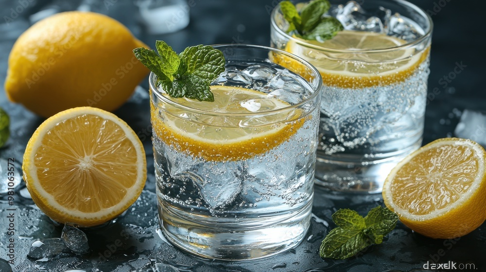 Refreshing lemon-infused sparkling water served in two glasses with mint leaves and ice cubes on a dark kitchen countertop Refreshing lemon-infused sparkling water served in two glasses with mint leaves and ice cubes on a dark kitchen countertop