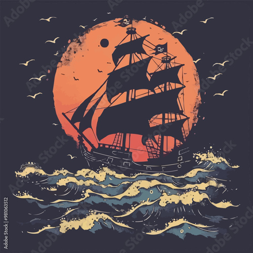 Pirate ship sailing on turbulent waves with a Jolly Roger flag, adventure on the high seas, vector illustration for t-shirt, flat