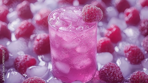 Refreshing raspberry drink surrounded by ice and berries in a vibrant setting during a warm summer day