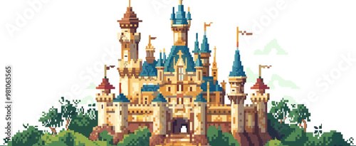 Pixelated castle icon pixel art on white isolated background, vector design.