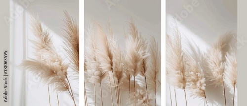 A triptych on a white backdrop with light brown pampas grass flowers, arranged harmoniously to create a visually pleasing pattern. Sunlight adds beauty with delicate shadows,