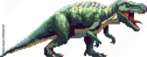 Pixelated dinosaur icon pixel art on white isolated background, vector design.