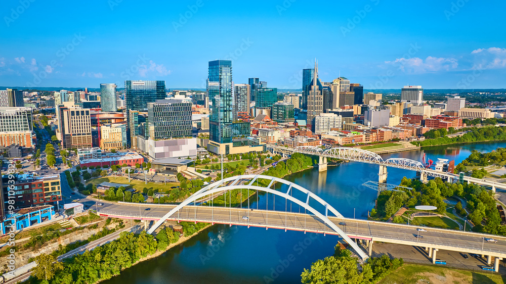 Fototapeta premium Aerial Nashville Skyline with Bridges and Riverfront View