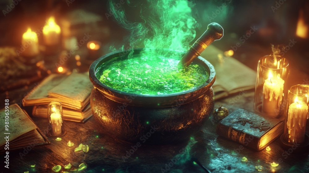 A cauldron of bubbling green potion with steam rising from its surface, surrounded by candles and old books on a wooden table A cauldron of bubbling green potion with steam rising from its surface, surrounded by candles and old books on a wooden table