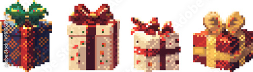 Pixelated holiday gift icon pixel art on white isolated background, vector design.