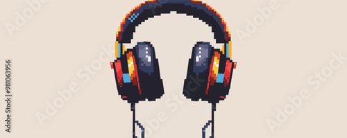 Pixelated headphones icon pixel art on white isolated background, vector design.