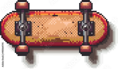 Pixelated pixelated skateboard icon pixel art on white isolated background, vector design.
