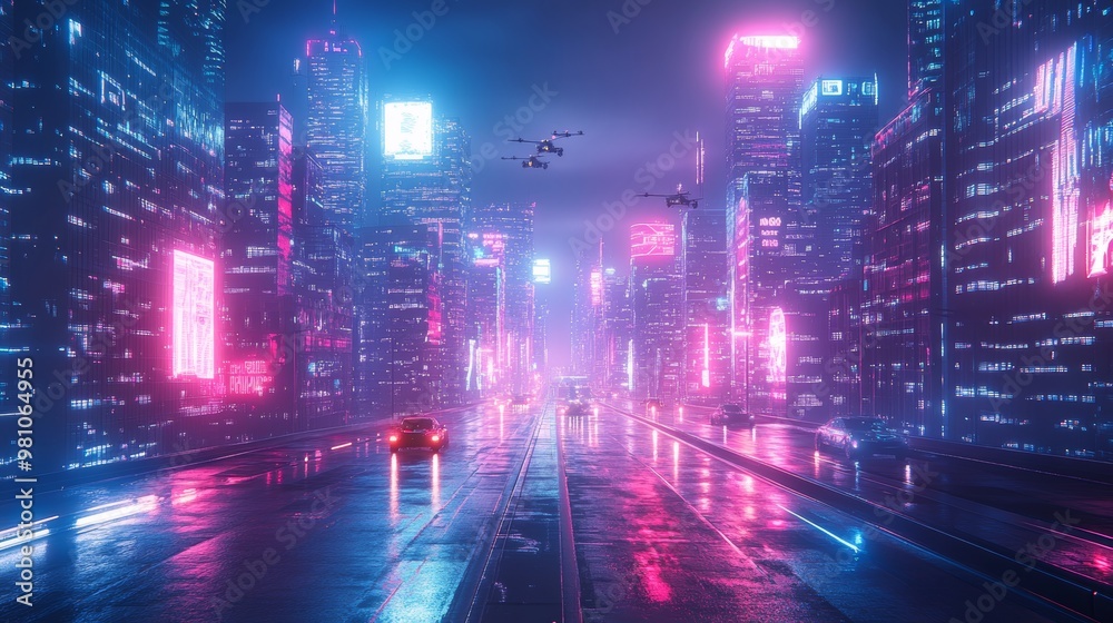 Aerial perspective of a high-tech city, filled with neon-lit buildings and holograms glowing brightly in the dark night, with flying drones and electric vehicles in motion, Sci-Fi, Illustration Aerial perspective of a high-tech city, filled with neon-lit buildings and holograms glowing brightly in the dark night, with flying drones and electric vehicles in motion, Sci-Fi, Illustration