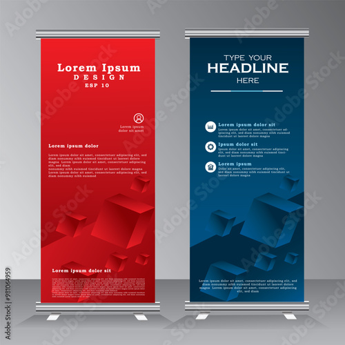 Abstract Roll up banner stand template design with red and blue colour, Vertical banner template, stand banner design, brochure, flyer, infographics. modern advertising. vector  eps 10 