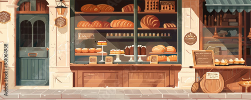 Charming depiction of an old-time bakery with fresh bread and pastries displayed in the window, flat, vector illustration, vintage hand drawn.