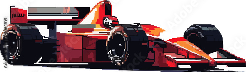 Pixelated race car icon pixel art on white isolated background, vector design.