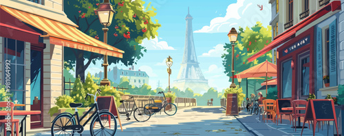 Charming Parisian street with cafes, bicycles, and the Eiffel Tower in the background, flat, vector illustration, Sketch.