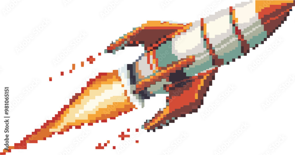 Obraz premium Pixelated space rocket icon pixel art on white isolated background, vector design.