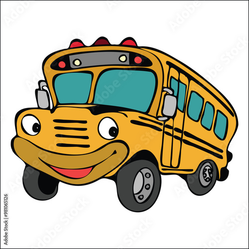 Cute retro yellow school bus on the road cartoon vector illustration