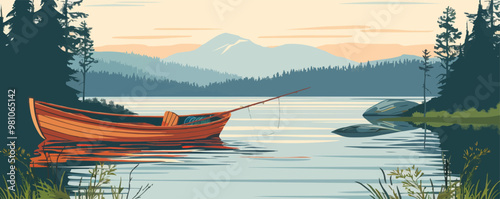 Classic fishing scene by a lake with an old wooden boat and fishing gear, flat, vector illustration, Sketch