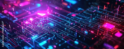 Futuristic neon glowing circuit board background with vibrant colors and dynamic lights, representing technology and innovation.