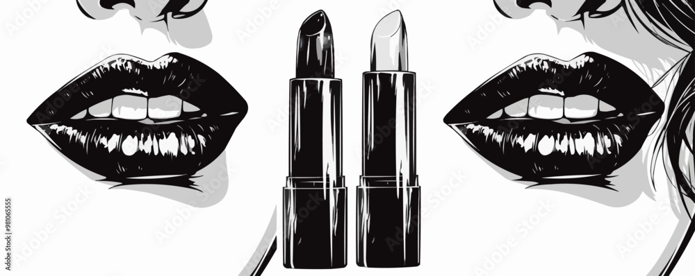 Obraz premium Classic pin-up lipstick tube with an open cap, vector illustration, pin-up style, imitation of a scratch board, black and white image.