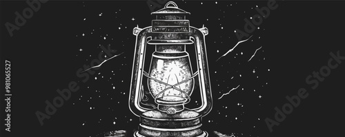 Classic pin-up old-fashioned lantern, vector illustration, pin-up style, imitation of a scratch board, black and white