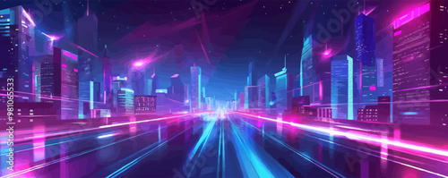 Neon cyber city, futuristic streets with advanced technology, sci-fi metropolis, neon style, vector illustration, flat style.