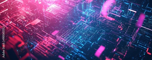 Futuristic digital cityscape with neon lights and tech-inspired abstract design in pink and blue hues, representing technology and innovation.