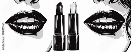 Classic pin-up lipstick tube with an open cap, vector illustration, pin-up style, imitation of a scratch board, black and white image.