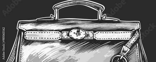 Classic pin-up handbag clasp, vector illustration, pin-up style, imitation of a scratch board, black and white image.