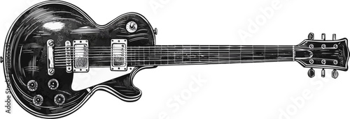 Classic pin-up guitar with detailed strings, vector illustration, pin-up style, imitation of a scratch board, black and white image.
