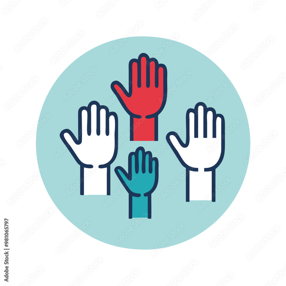 Icon of four hands raised together in a colorful design on a circular background Icon of four hands raised together in a colorful design on a circular background