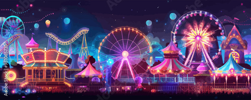 Neon carnival, bright Ferris wheels and colorful attractions, festive celebration, neon style, vector illustration, flat style.