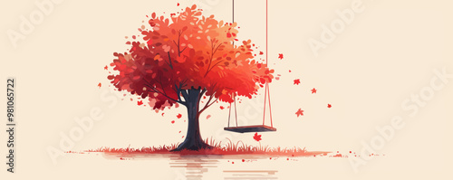 Tree with swing. Vector flat minimalistic isolated