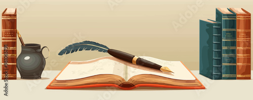 Writing desk with quill pen and parchment paper with vintage books on a white tabletop. Vector flat isolated illustration