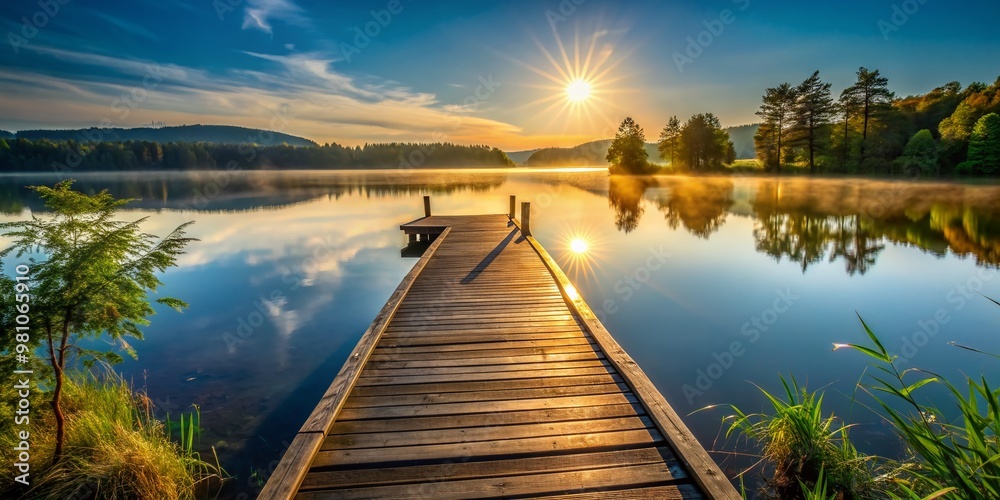Fototapeta premium Serenity abounds as morning sun casts a warm glow on a tranquil lake, empty wooden pier stretching out, inviting contemplation and inner peace.