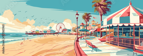 Classic seaside resort with vintage beach umbrellas and boardwalk attractions, flat, vector illustration, vintage hand
