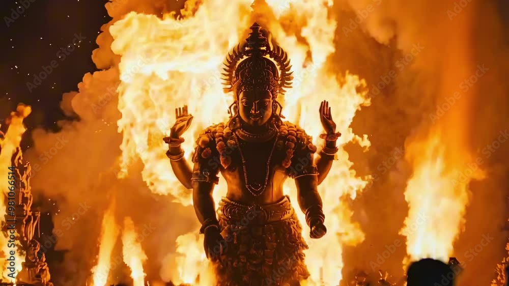 Burning effigy of Ravana with dramatic flames and smoke, surrounded by ...