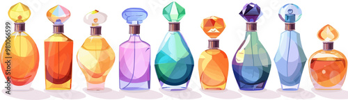 Elegant perfume bottles on a plain white backdrop. Vector flat isolated illustration.