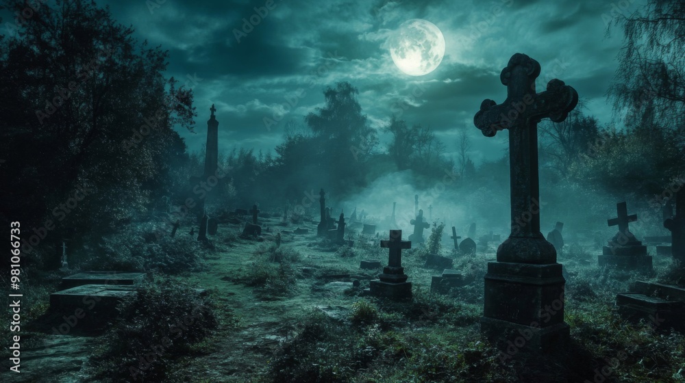 Foggy Graveyard with Full Moon and Crosses at Night Foggy Graveyard with Full Moon and Crosses at Night