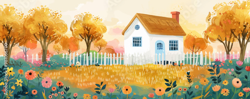 Cozy autumn cabin with smoke rising from the chimney, pumpkins, and colorful leaves, flat, vector illustration in watercolor style.