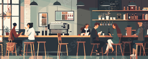 Cozy coffee shop with patrons enjoying their drinks and reading, flat, vector illustration, Sketch.