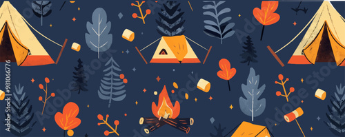 Cozy camping elements like tents, bonfires, and marshmallows with nature scenes, flat, vector illustration, seamless pattern background design.