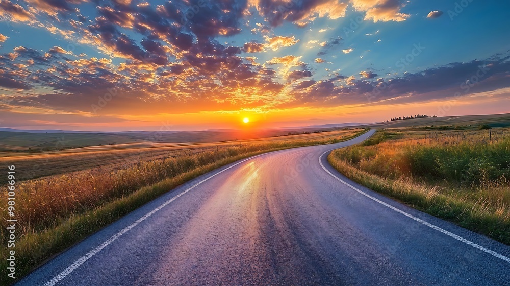 A winding road leads towards a vibrant sunset over rolling hills and fields. A winding road leads towards a vibrant sunset over rolling hills and fields.