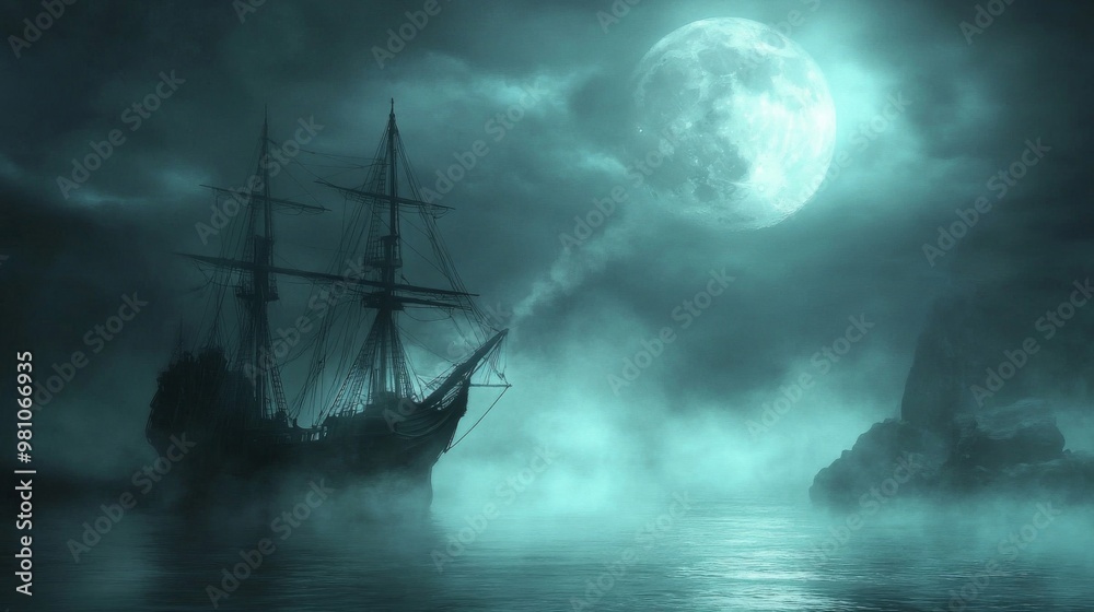 A lone sailing ship navigating foggy waters under a full moon